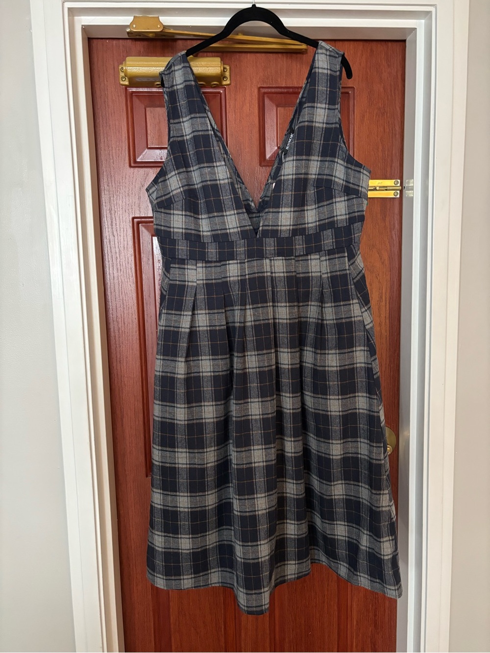 BloomChic Navy and Gray Plaid V-Neck Midi Dress